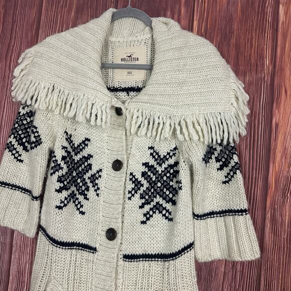 Hollister Womens Ivory Chunky Knit Cardigan Fringe Y2K 2000s Wool Fair Isle XS/S - Picture 2 of 6